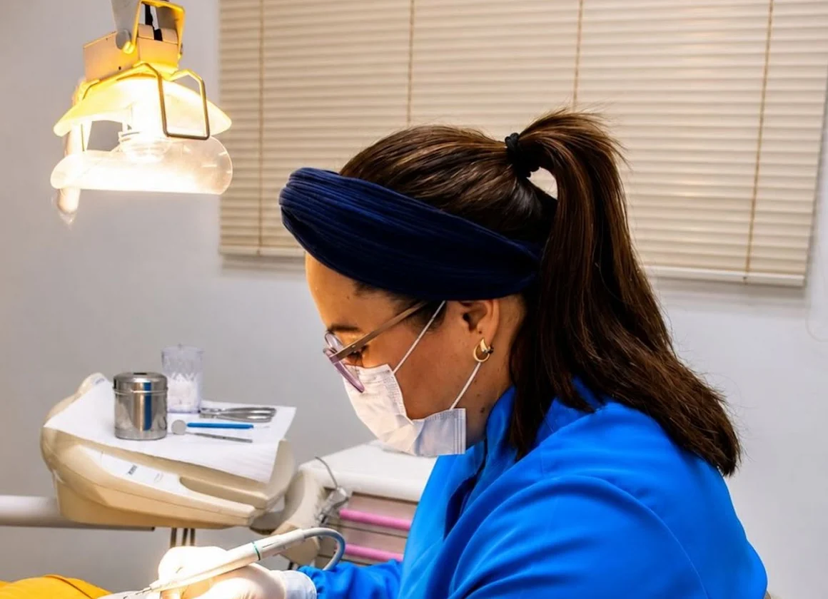Dra. Telmi Kawagoe de jaleco azul, máscara e faixa azul-marinho no cabelo, atendendo sob a luz acesa do refletor do consultório.